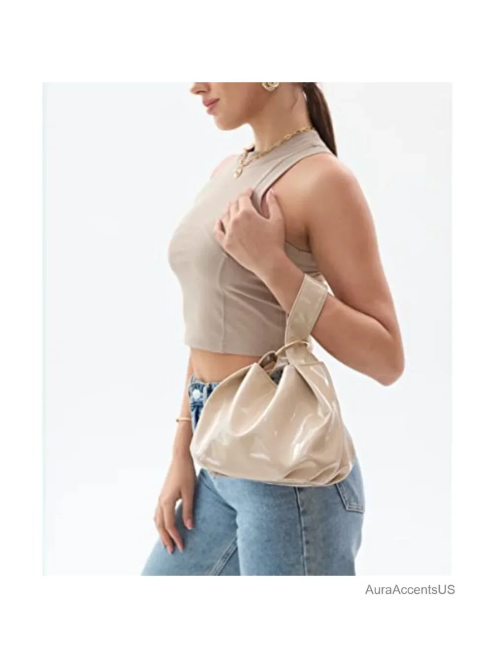 Patent Vegan Leather Hobo Top Handle Bag Small Tote Clutch Wristlet